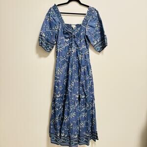 Caroline Constas Dress Womens Medium Blue Floral Cotton Smocked Maxi Boho